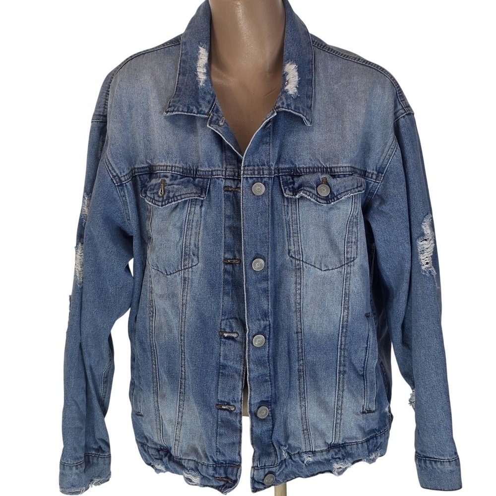 SKY Plus Denim‎ Jacket Women's 1X Blue Distressed Jean Button Front Plus Casual